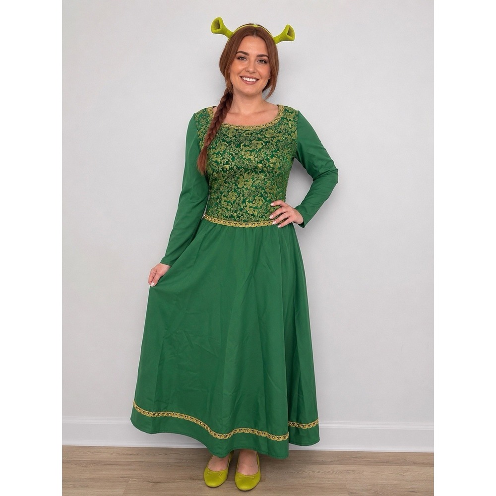 Princess Fiona Shrek Costume Green Gold Brocade Dress Long Sleeve Size S